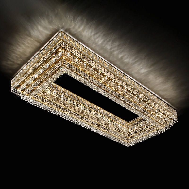 Large Crystal Ceiling Light with Gold Frame