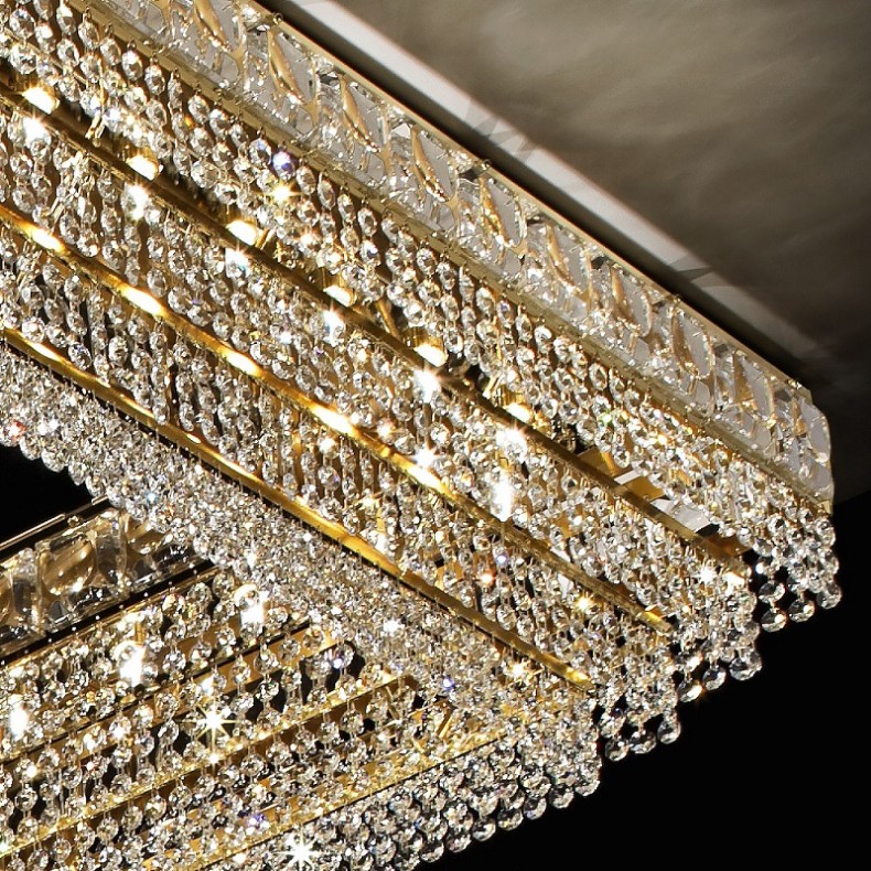 Large Crystal Ceiling Light with Gold Frame