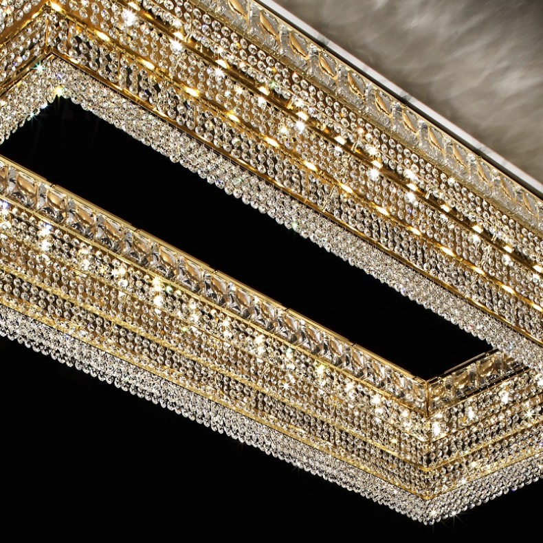 Large Crystal Ceiling Light with Gold Frame