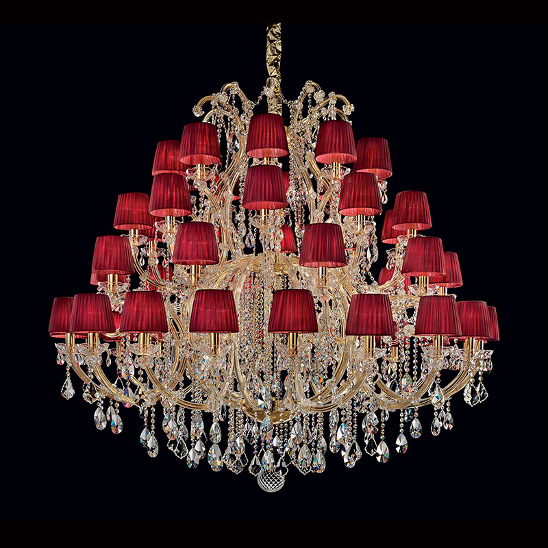 50 Lights Large Gold Chandelier with Red Lampshades