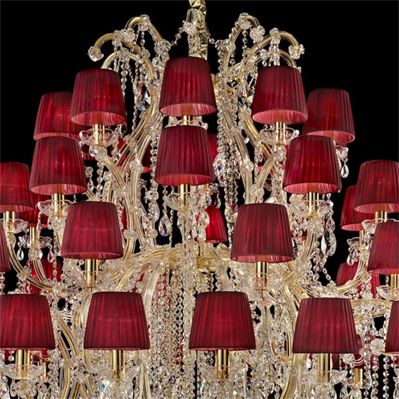 50 Lights Large Gold Chandelier with Red Lampshades