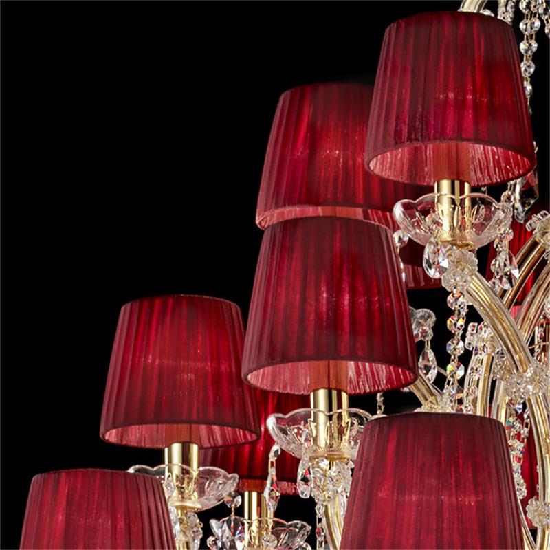 50 Lights Large Gold Chandelier with Red Lampshades