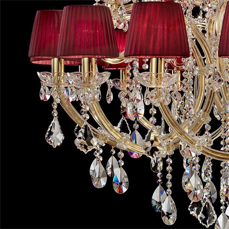 50 Lights Large Gold Chandelier with Red Lampshades