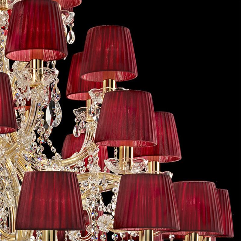50 Lights Large Gold Chandelier with Red Lampshades